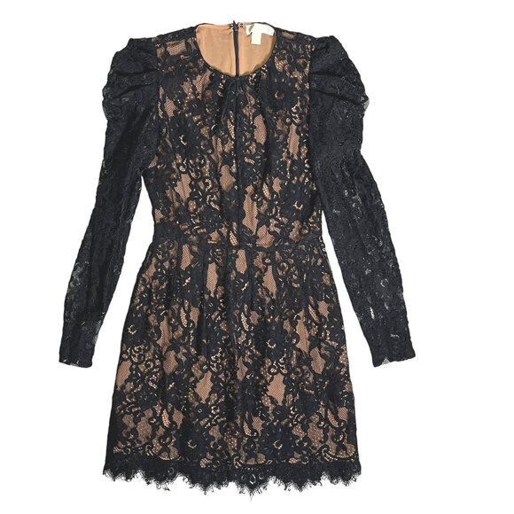 Michael Kors Lace Dress Black Puff Sleeve Nude Lining Floral Overlay Party SZ 4 - Picture 5 of 14
